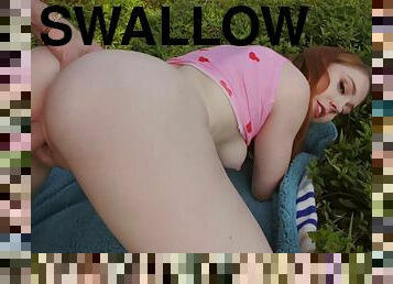Redhead swallows after a nice outdoor pussy fuck