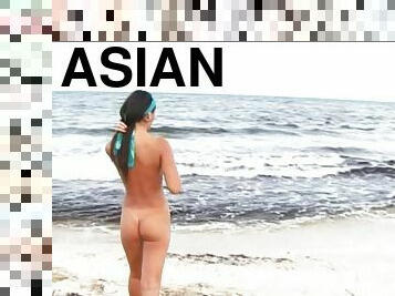 Asian babes with small tits swap cum after hot DP banging in outdoor group sex