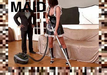 Affectionate maid in uniform riding big black cock hardcore in reality shoot