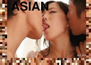 Dazzling Asian cowgirl with natural tits getting her juicy pussy fingered and licked in mmf sex