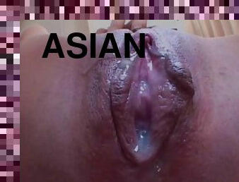 Asian cutie shows off her creampied twat close up after being humped hardcore