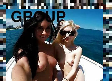 Sexy bikini babes group sex on a boat