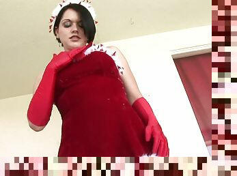 Holiday slut in red satin gloves sucking dick and screwing