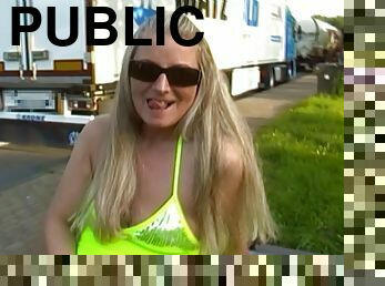 Public squirt show ended in my mass use through 25 trucker tails! After squirt on a restarea, I got liters of cum &amp; pee!