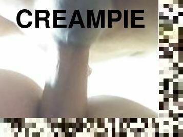 Huge dick thrusts hard and makes the married woman's pussy squirt, creampie at the end