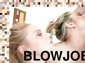 Blondes kiss with spit and cum after blowjob