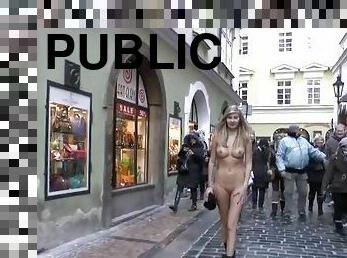 Flawless body on girl walking nude in public