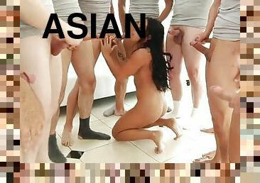 Cute Asian throats as many cocks as possible