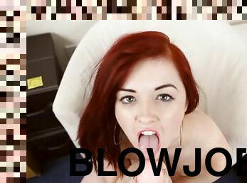 Curvaceous redheaded girl gives a POV dildo blowjob