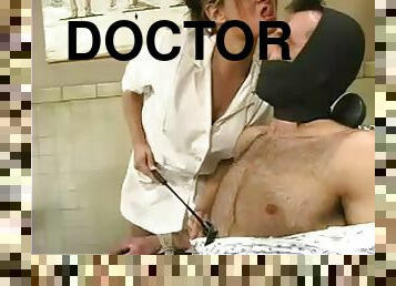 Horny blonde female doctor humiliates her patient in femdom show