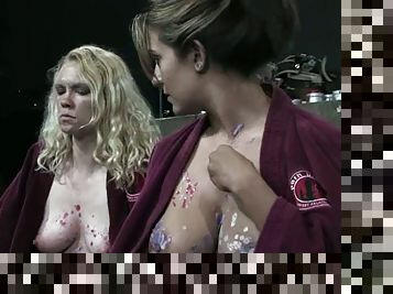 Blindfolded busty babe is being abused by her lesbian master