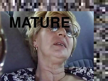 Mature Pauline fingers her old pussy in a car and gets fucked