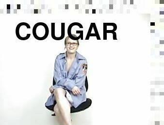 Dirty Cougar With Glasses Masturbating On Huge Bed