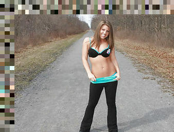 Teeny stripping on country road