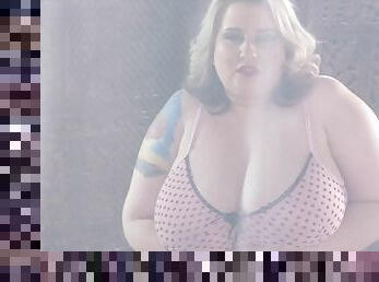 Delicious BBW blonde with massive tits rubs her honeypot