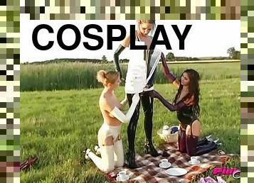 Cosplaying girls have an outdoor tea party that turns into a threesome