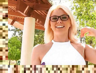 Nerdy blonde is not scared of showing all of her private parts