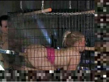 Blonde in a cage fucked by dildo machine