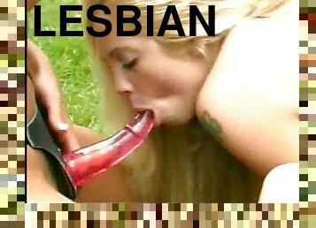 Lesbians in the grass with strapon for fun