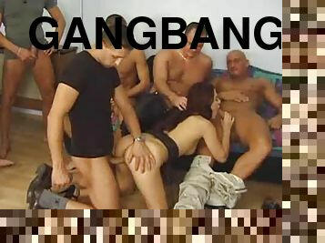 Guys line up and gangbang this naughty whore