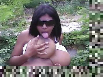 Big tits curvy Latina masturbates outdoors