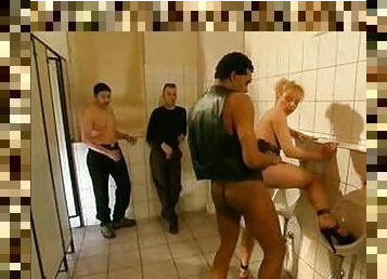Fucked in bathroom as guys watch