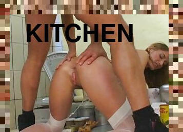 Hot chick in white lingerie ass fucked in kitchen