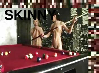 Teenage girls playing pool naked