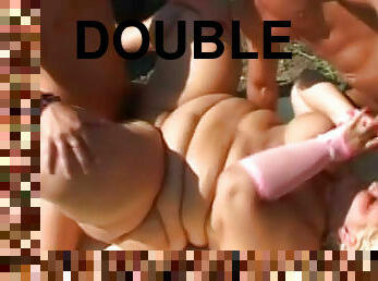 Fat girl double team outdoors