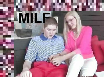 Milf in buttoned up pink sweater sucks young cock