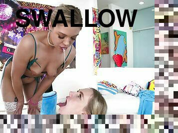 Cum hungry Rebel and Lana swallow it all