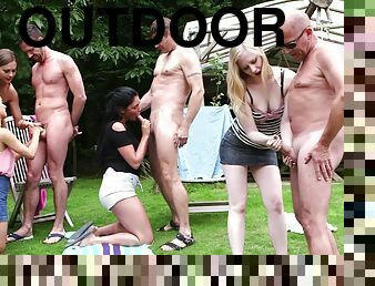 Outdoors video of lucky dudes getting blowed by cock hungry pornstars