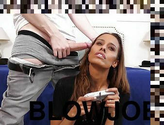 Gamer girl Kylie Le Beau gives a sloppy blowjob to her boyfriend