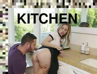 Erotic fucking in the kitchen ends with a facial for Anya Olsen