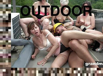 Old sluts team up to be fucked by one rock hard cum gun in outdoors