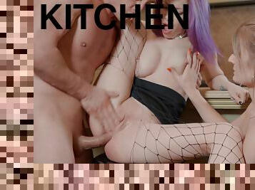 Sata Jones and Emanuela getting fucked hard in the kitchen