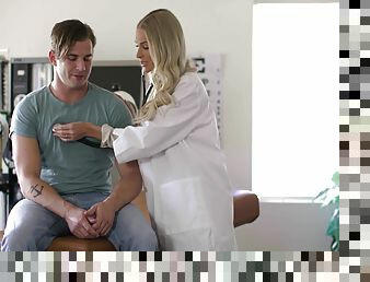 Provocative nurse Emma Hix shows her new boobs and gets fucked