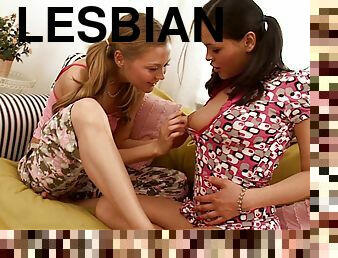 Anal beads and a vibrator turn on these pigtailed lesbians