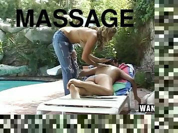 Girls relaxing by the pool massage each other and eat pussy