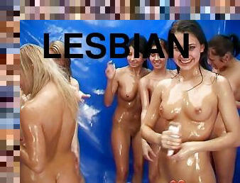 They oil up their well shaped bodies before toy fucking madly in this lesbians orgy