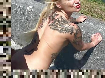 German public creampie sex on street with blond