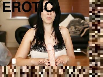 Sensual masturbation instructions with a lifelike dildo