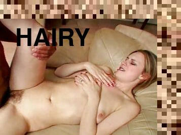 Teenager with hairy pussy likes cock