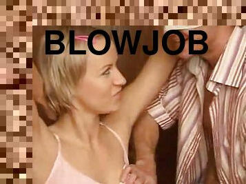 Blindfolded man gets to fuck a big titty blonde