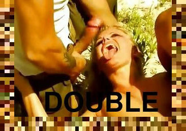 Military guys double penetrate slut outdoors