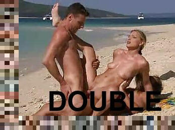 Double penetration with bikini girl at beach