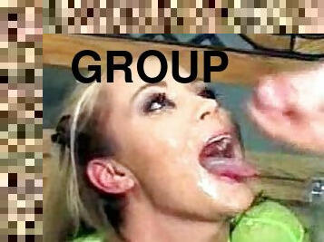 chorro-de-corrida, sexo-en-grupo, facial, rubia, bukkake