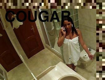 Hot brunette cougar attacked by a pussy craving guy in a bathroom