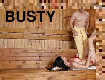 Busty brunette Jasmine Jae fucked well in a sauna by a lover