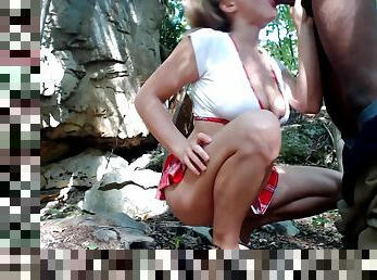 Horny amateur white teen gets outdoors fucked in the woods by bbc and takes a facial